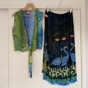 CHACOK Vintage Tropical Bird Skirt Set Blue Green Made in France Size 2